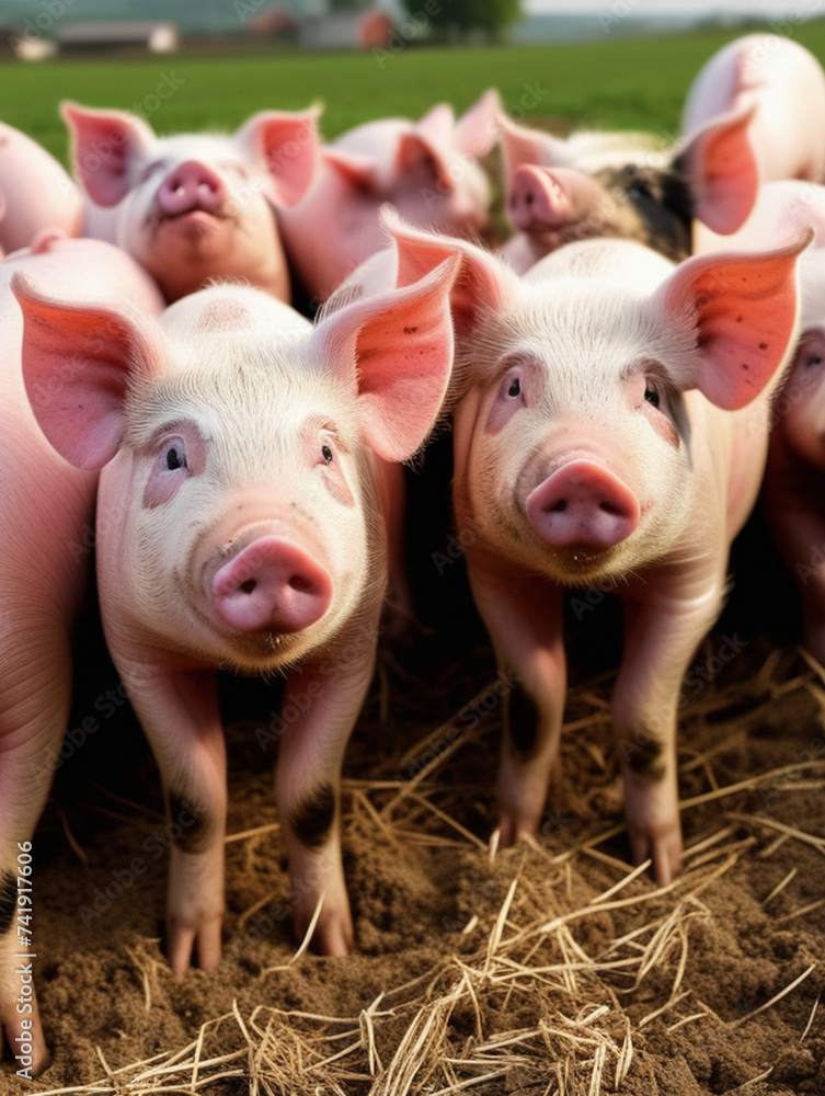 A domestic pig. The theme of pets on the farm. A piglet in the village. Livestock breeding in rural areas. Pink piglets. A domestic pig. The theme of pets on the farm. A piglet in the village. Livestock breeding in rural areas. Pink piglets.