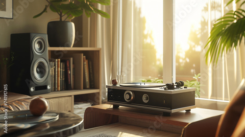 A vintage-inspired luxury vinyl record player takes center stage in this stylish living room. Its sleek design and high-quality sound make it the perfect addition to any music lover's collec photo