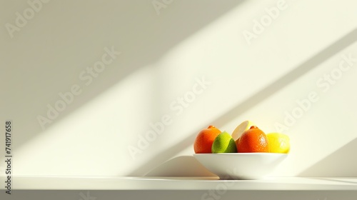 A minimalist kitchen scene featuring a vibrant fruit bowl as the focal point, placed on a pristine white countertop. Soft, diffused lighting beautifully illuminates the scene, enhancing the photo