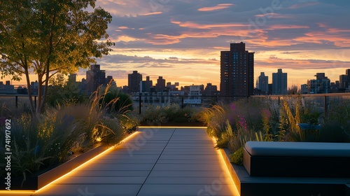 A serene and contemporary rooftop garden bathed in the warm hues of sunset, overlooking the mesmerizing city skyline. Softly lit with ambient lights, this urban oasis offers a tranquil escap