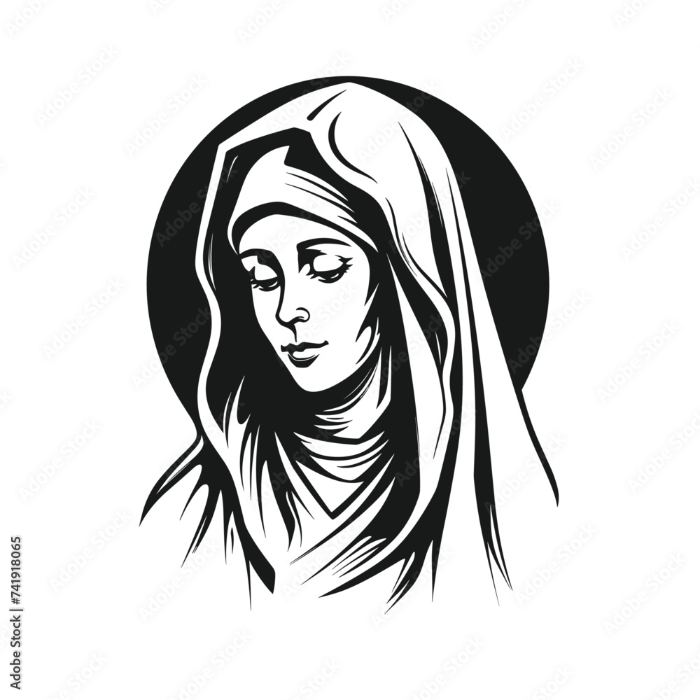 Our Lady Virgin Mary Mother of Jesus, Holy Mary, madonna, vector illustration, black and white, printable, suitable for logo, sign, tattoo, laser cutting, sticker and other print on demand Our Lady Virgin Mary Mother of Jesus, Holy Mary, madonna, vector illustration, black and white, printable, suitable for logo, sign, tattoo, laser cutting, sticker and other print on demand