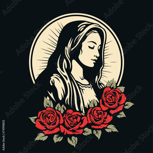 Our Lady Virgin Mary Mother of Jesus, Holy Mary, madonna, vector illustration, with woses, printable, suitable for logo, sign, tattoo, laser cutting, sticker and other print on demand