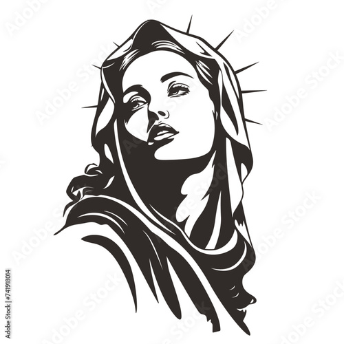 Our Lady Virgin Mary Mother of Jesus, Holy Mary, madonna, vector illustration, black and white, printable, suitable for logo, sign, tattoo, laser cutting, sticker and other print on demand