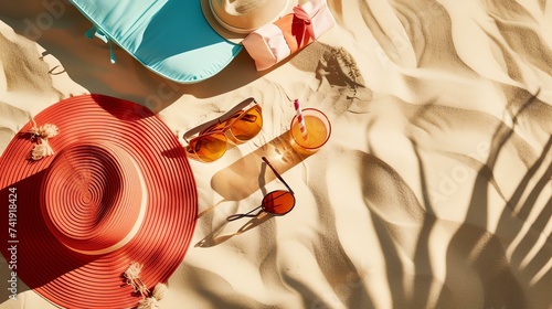 A vibrant and stylish composition of summer beach essentials transformed into a stunning flat lay, capturing the essence of warmth and relaxation under the radiant midday sun. photo