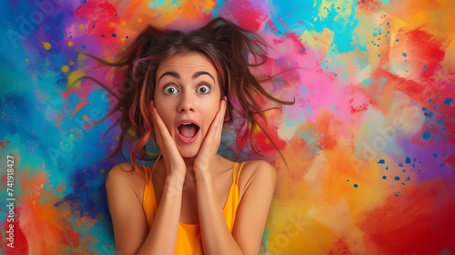 Discover the vibrant energy of surprise with this mesmerizing stock image. A woman's expression of astonishment shines against a backdrop of abstract colors, capturing the essence of wonder