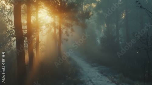 Discover the ethereal beauty of a fog-laden forest path as the golden hues of sunrise pierce through, evoking an enchanting and peaceful atmosphere. Surrender to nature's spectacle and find