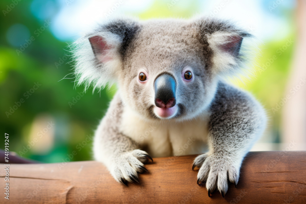 Fototapeta premium Adorable koala peering over a branch, with a curious and endearing expression, set against a vibrant green background.