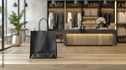 A sophisticated and elegant shopping bag mockup in a luxurious boutique environment, showcasing the remarkable quality of its plain material. This high-end bag is perfect for showcasing your