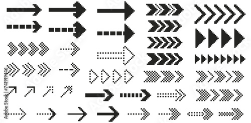 Set of pixelated arrows. Abstract pixel dash dotted line arrows, graphic squares and dots on transparent background. Vector design elements, different shapes