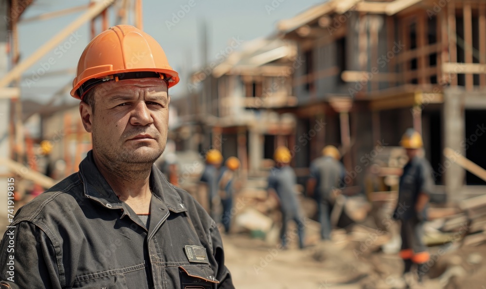 A builder at a construction site in a uniform and orange hard hat A builder at a construction site in a uniform and orange hard hat