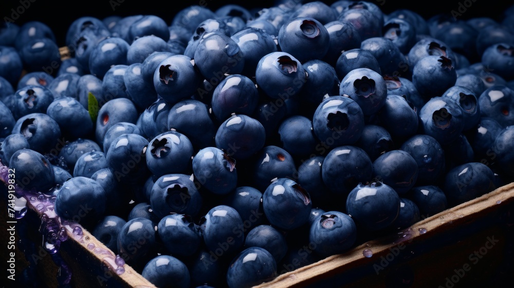 A box overflowing with luscious blueberries, close-up realistic photo Generative AI