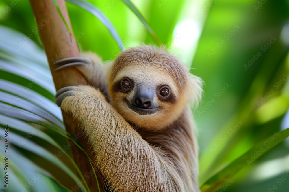 Charming sloth hanging on a tree branch, with a gentle smile and deep, captivating eyes, surrounded by lush green foliage. Charming sloth hanging on a tree branch, with a gentle smile and deep, captivating eyes, surrounded by lush green foliage.
