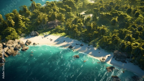 Generative AI A bird's eye view capturing an exquisite archipelago of islands dotted with coconut groves, swaying palms, and sun-kissed beaches bathed in golden sunlight.