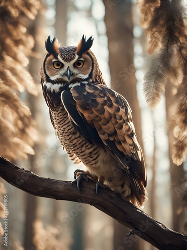 Majestic Owl perched and watching. Wildlife species. Wise nocturnal hunter.