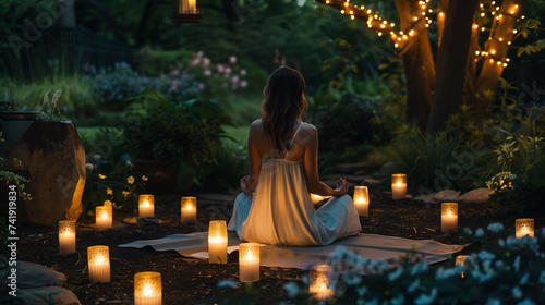 Back view of young woman gracefully practicing yoga in tranquil evening garden illuminated by candles