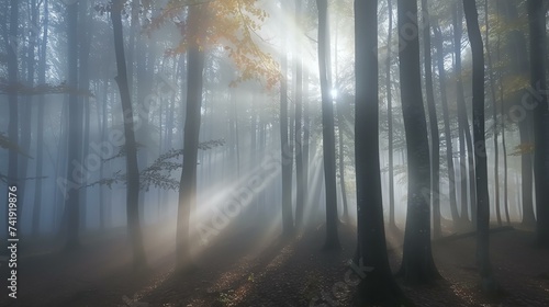 A mesmerizing ethereal forest scene unfolds in this enchanting capture. Mysterious fog veils the ancient trees, while rays of golden sunlight dance through the mist, casting an otherworldly
