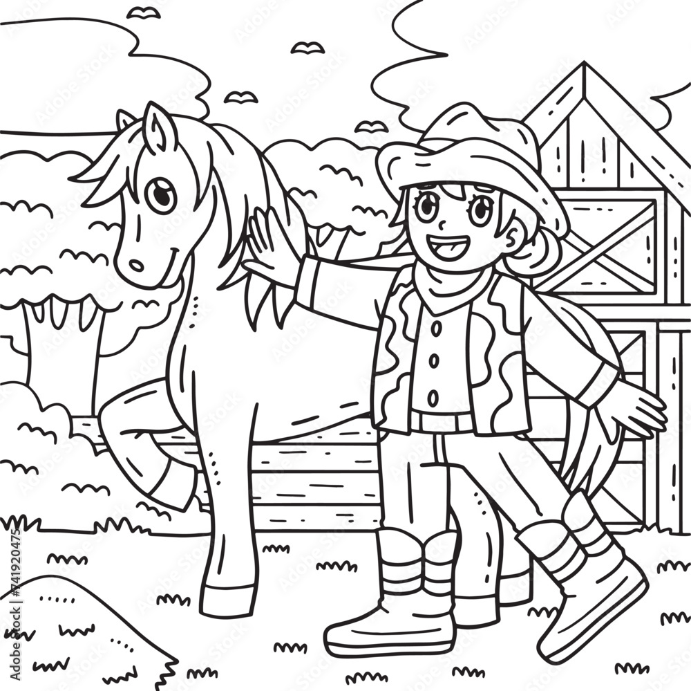 Cowgirl and Pony Coloring Page for Kids