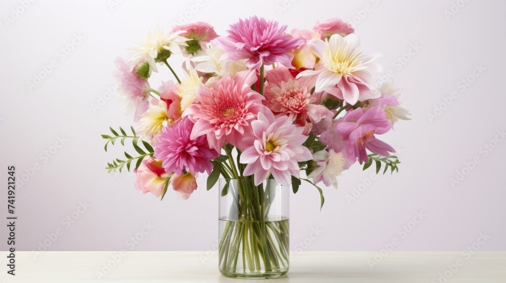 Generative AI A delightful bunch of fresh flowers gracefully arranged on a plain white backdrop, allowing room for personalized messages or event details