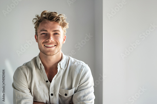 Photorealistic image of a successful young man in a shirt with an athletic build and a smile on his face, sitting against a light background. Natural light, copy space