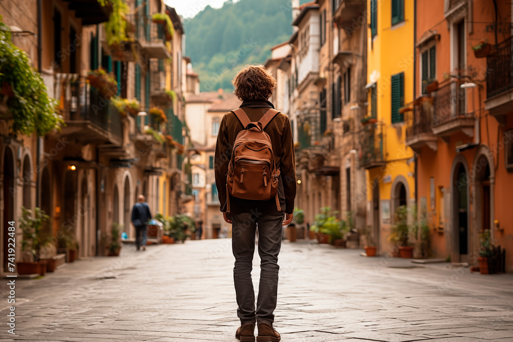 young traveler walking through the streets of an old town in italy or spain. Generative AI