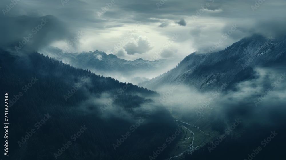 Generative AI A mountain range cloaked in mist and clouds, creating an ethereal atmosphere and a sense of mystery.
