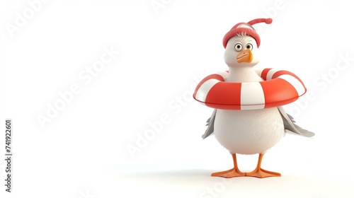 A delightful 3D seagull lifeguard, complete with a bright floatation device, stands tall on a pristine white background. This adorable bird is ready to ensure beachgoer safety with its vigil photo