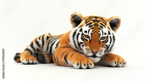 A delightful 3D illustration of a cute tiger characterized by its sharp stripes and charming expression  standing on a pristine white background  perfect for various creative projects.