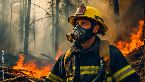 Firefighter forest fire, trees in smoke, flames brave photo