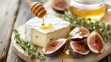 A visually stunning cheese plate featuring a blend of delectable cheeses, succulent figs, and drizzled with a touch of golden honey, perfectly showcased on a rustic wooden table. Elevate you