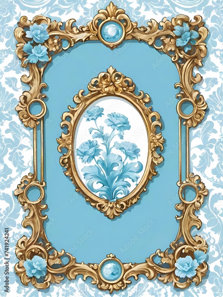 ornate baroque-style frames with intricate designs and a color palette centered around gold and shades of blue ornate baroque-style frames with intricate designs and a color palette centered around gold and shades of blue