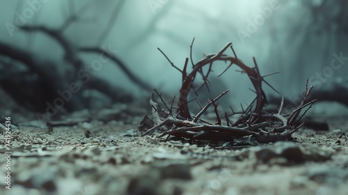 Symbolic representation of sacrifice and suffering - a crown of thorns rests on the ground, evoking a sense of contemplation and reflection.