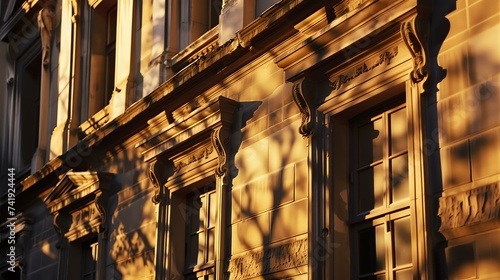 Captivating image of a majestic historic building's faÃ§ade, bathed in the warm glow of the evening light. Exquisite shadows artfully emphasize its intricate architectural details, mesmerizin photo