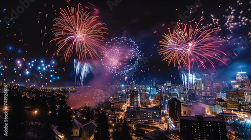 A breathtaking view of a vibrant New Year's Eve celebration with dazzling fireworks illuminating the night sky, showcasing the thrill and grandeur of the occasion.