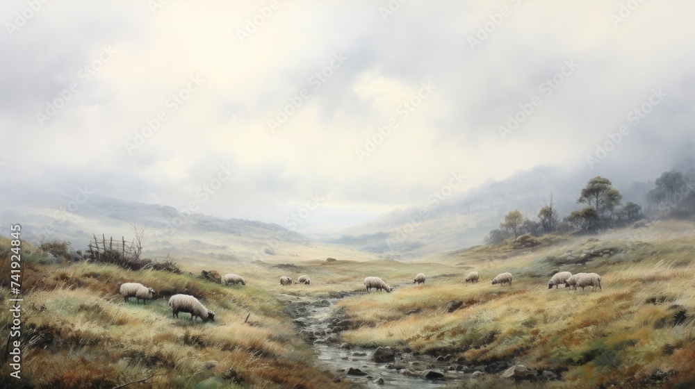 Generative AI A serene, fog-covered moorland with grazing sheep. landscape watercolor Generative AI A serene, fog-covered moorland with grazing sheep. landscape watercolor