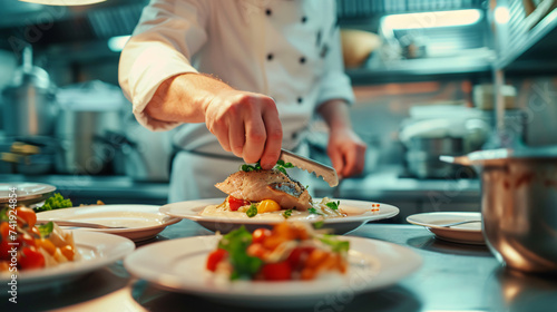 A skilled chef in a well-equipped gourmet kitchen showcases culinary artistry as they meticulously prepare an elaborate dish, paying attention to every detail and ingredient. The scene captu