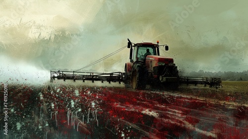 A red tractor plowing a large, brown field under a cloudy sky. The tractor is pulling a plow that churns the soil, leaving behind neat rows photo