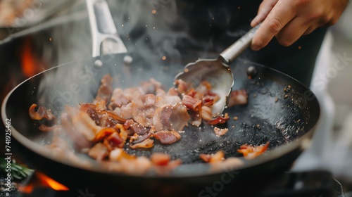 Close-up shot of sizzling bacon in a hot pan, capturing the irresistible aroma and mouthwatering appeal. Feel the heat and indulge in this sizzling delight!