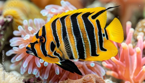 Flame angelfish swims amidst vibrant corals in a captivating saltwater aquarium setting photo