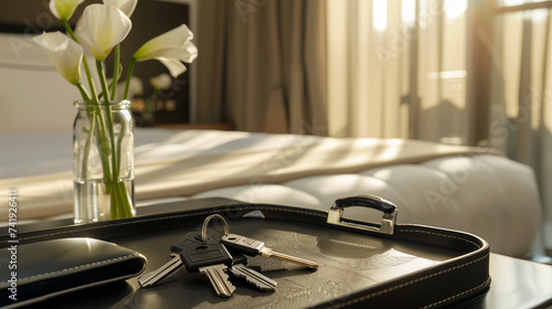 Keys resting on the table within a freshly acquired apartment or hotel room evoke notions of mortgage, investment, rent, and the broader realm of real estate and property ownership photo