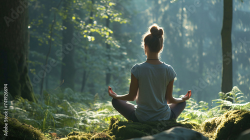 A serene woman finds inner peace amidst nature's embrace. Her closed eyes and calm demeanor exude tranquility, reflecting a deep connection with the surrounding forest. As sunlight filters t