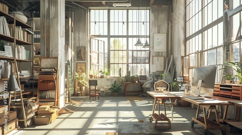 An inspiring industrial loft work studio awash in natural light, showcasing a multitude of captivating creative projects. photo