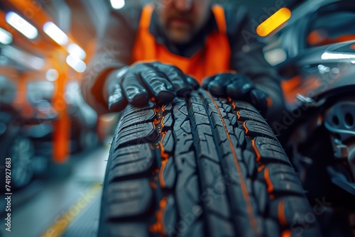a man in orange work clothes and black rubber gloves in a factory rolls a new car tire © Маргарита Вайс