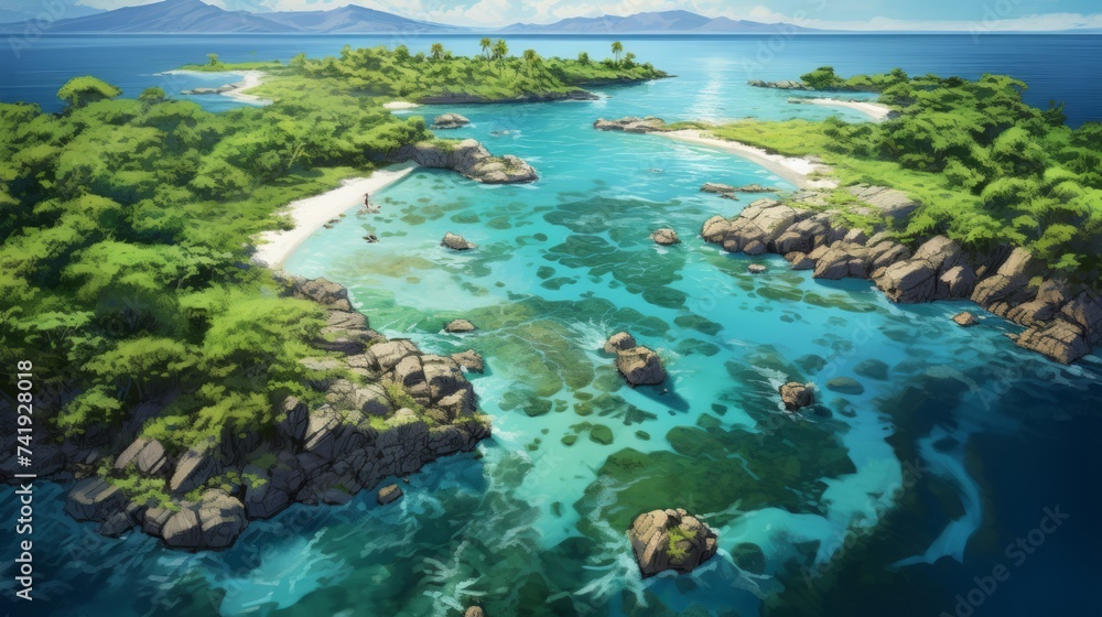 Generative AI An aerial perspective capturing an unspoiled tropical island landscape, where palm-fringed shores meet sparkling waters dotted with colorful coral reefs