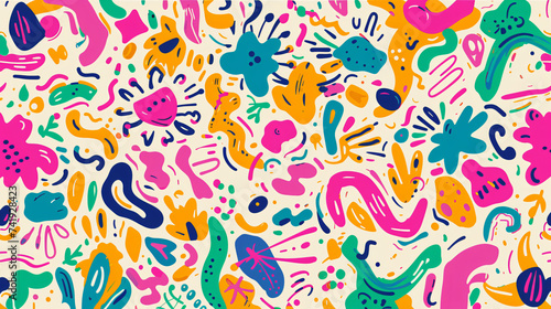 A vibrant and lively seamless pattern featuring a whimsical arrangement of colorful  abstract doodles. Perfect for adding a playful and creative touch to any project or design.