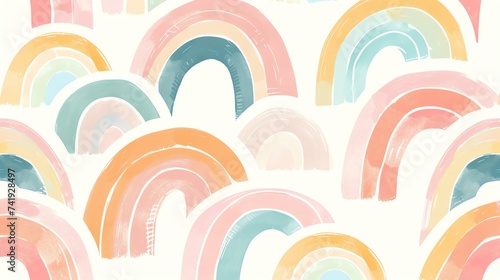 A mesmerizing seamless pattern of delicate, pastel rainbows intertwining harmoniously, evoking a sense of serenity and magic. This dreamy background is perfect for a variety of projects, fro photo