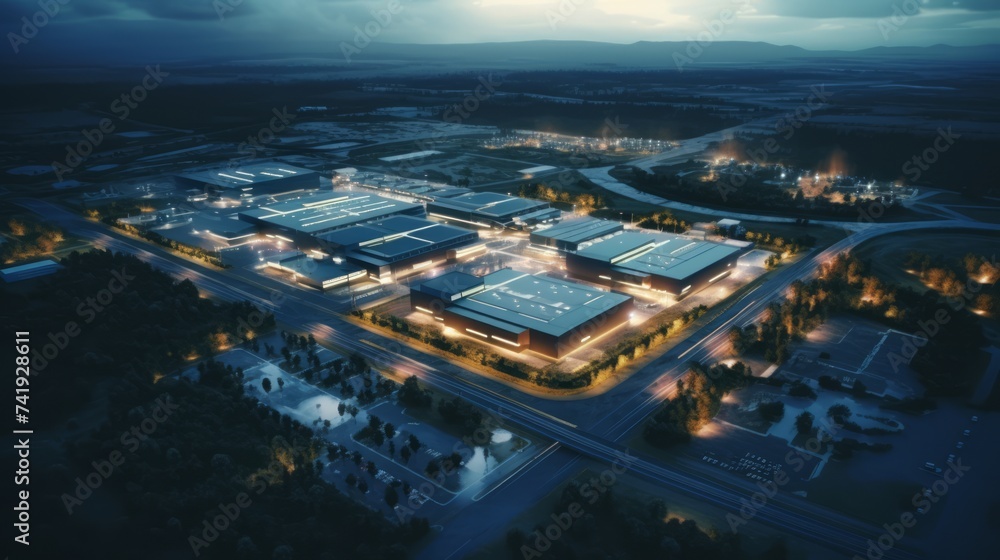 Obraz premium Generative AI An industrial park with various manufacturing facilities, highlighted by aerial shots capturing their scale.