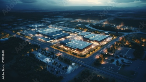 Generative AI An industrial park with various manufacturing facilities, highlighted by aerial shots capturing their scale.