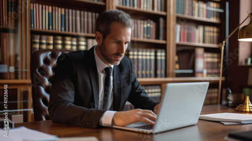 Serious lawyer dressed in a sharp suit diligently working on his laptop at a modern office table, surrounded by legal documents and a bookshelf filled with law books.