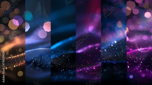 A mesmerizing collection of bokeh and glitter effects in black, a deep blue abstract wave, a stunning purple gradient with polygonal shapes, and a dreamy blurred background of a lit street. photo