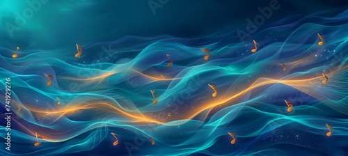 Vibrant abstract background with musical notes creating a melodic banner for music related designs. photo